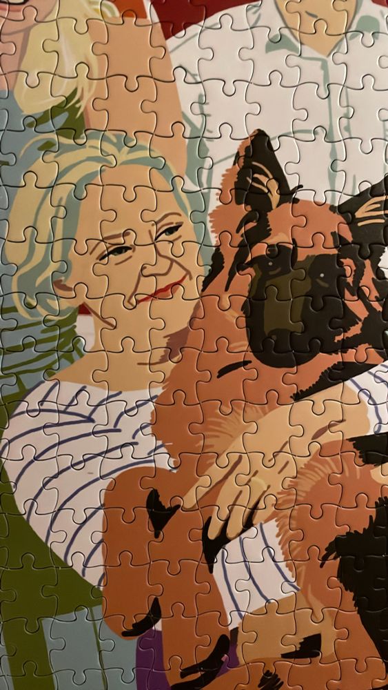 Piirrospalapeli. Nainen, jonka sylissä kookas koiranpentu