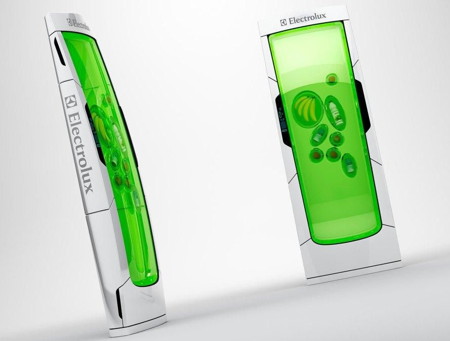 Aparato plano y vertical con una gelatina verde que engloba a los alimentos.