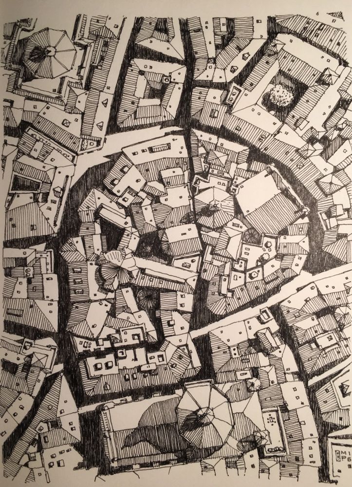 Overhead plan drawing of a medieval European city with buildings and streets outlining a human skull. It’s in black and white. A pen and ink drawing from 2017.