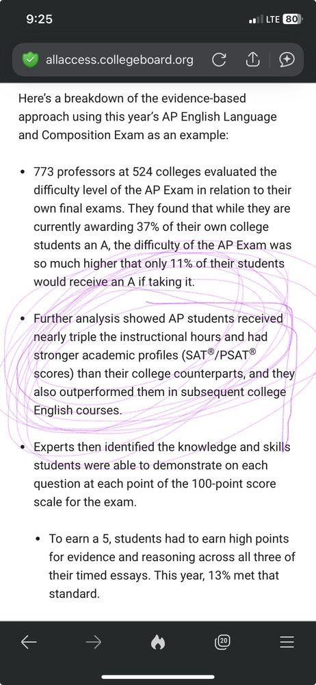 Screenshot from CB Norming report, circled is the college board’s claim that HS AP students receive triple the amount of instruction compared to college. 
