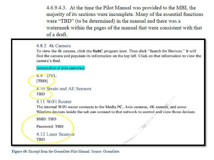 4.6.9.4.3. At the time the Pilot Manual was provided to the MBI, the majority of its sections were incomplete. Many of the essential functions were “TBD” (to be determined) in the manual and there was a watermark within the pages of the manual that were consistent with that of a draft.