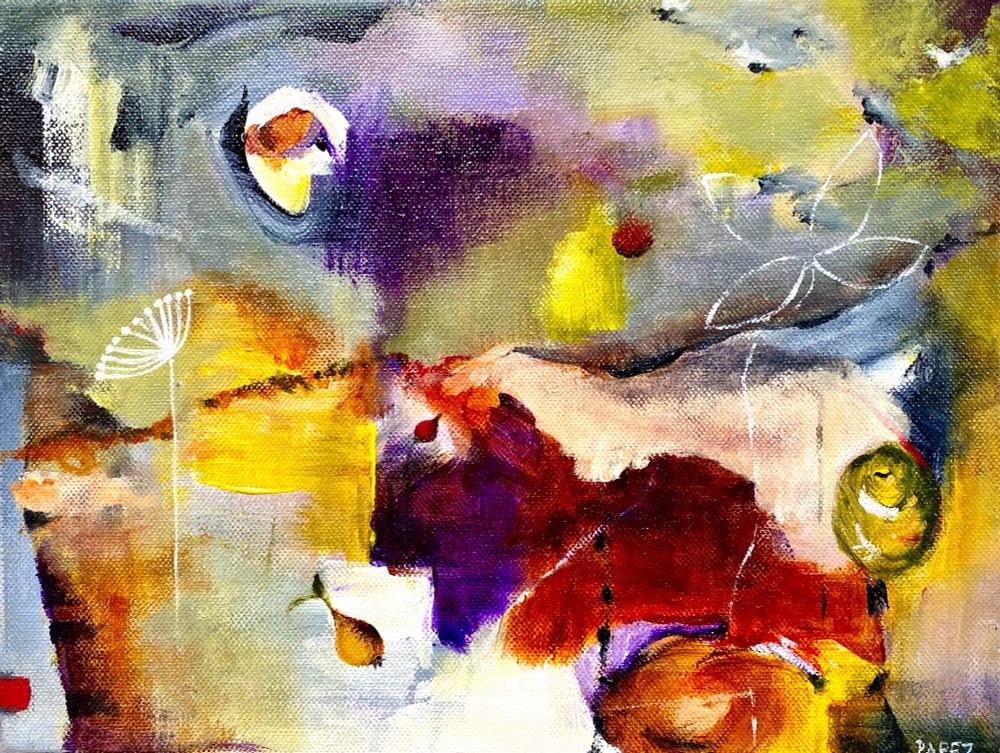 Abstract painting, vibrant colors illustrate autumn mood, purple, yellow, green, brownish.