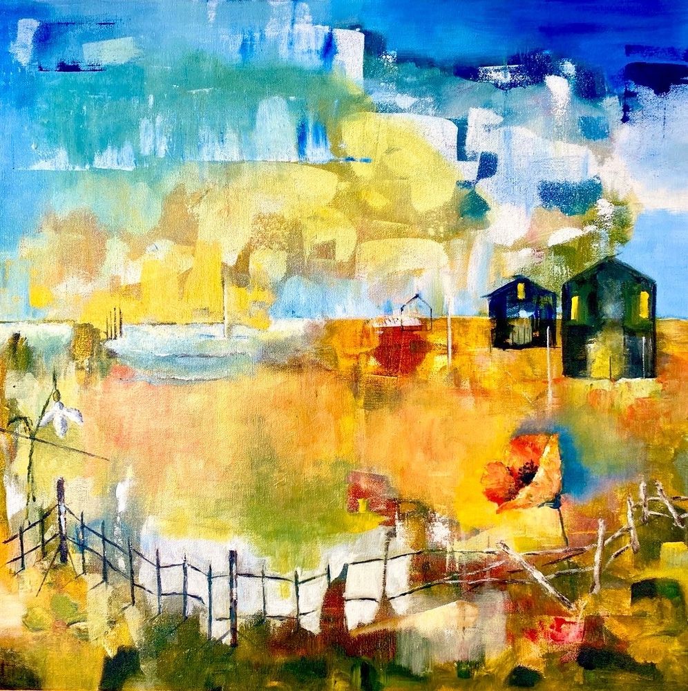 Abstract expressionism painting of landscape, houses in distance, poppy flower on the right side and a white flower on the left side. 