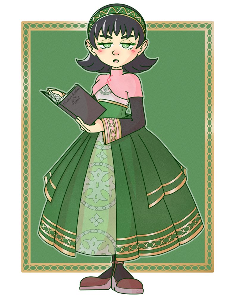 Fanart of Dia from Harvest moon. 

Dia looks up from her book appearing nonplussed. She's dressed in a large multi-layered green skirt. The bottom most layer is light green with a repeating Cross fleury like pattern. The top layers are a dark green with gold trim along the bottom. She has a corset over a white shirt with a similar cross fleur design. She then has a pink top with black sleeves with more golden trim.

CCArt
BokumonoCollab
Bokumono
HarvestMoon
StoryofSeasons