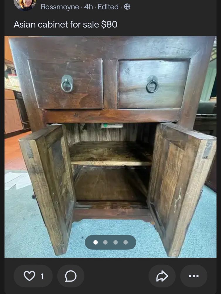 Nextdoor screenshot of a wood cabinet for sale that vaguely resembles the text of the post