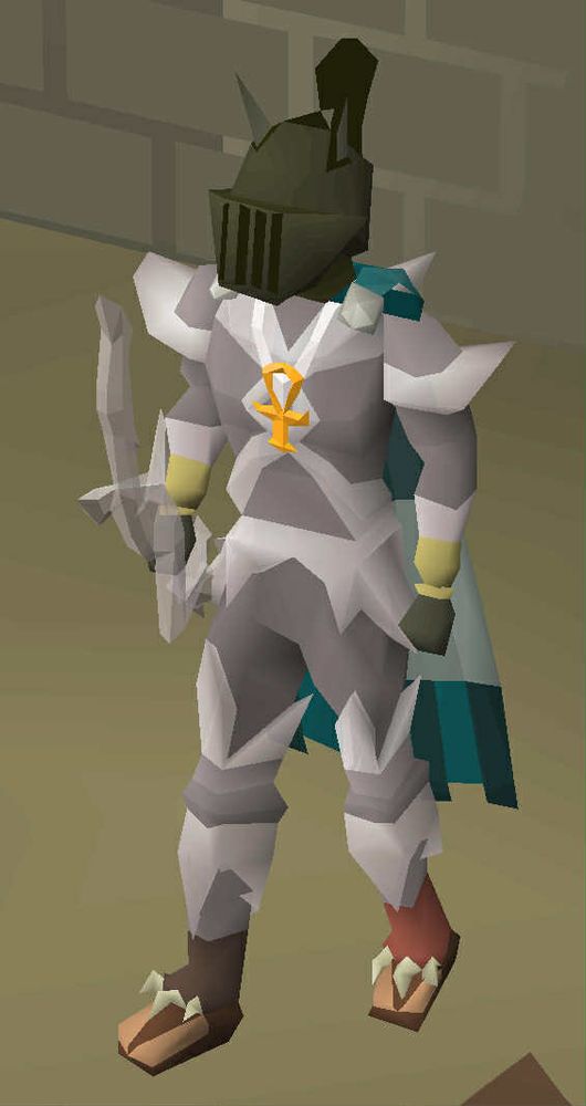 OSRS character standing in his House wearing a Verac’s Helm, Ardougne Cloak 3, White Crystal body and legs pieces, Bow of Faerdinhen, Mixed Hide Boots, Amulter of Power (t), and Barrows Gloves.