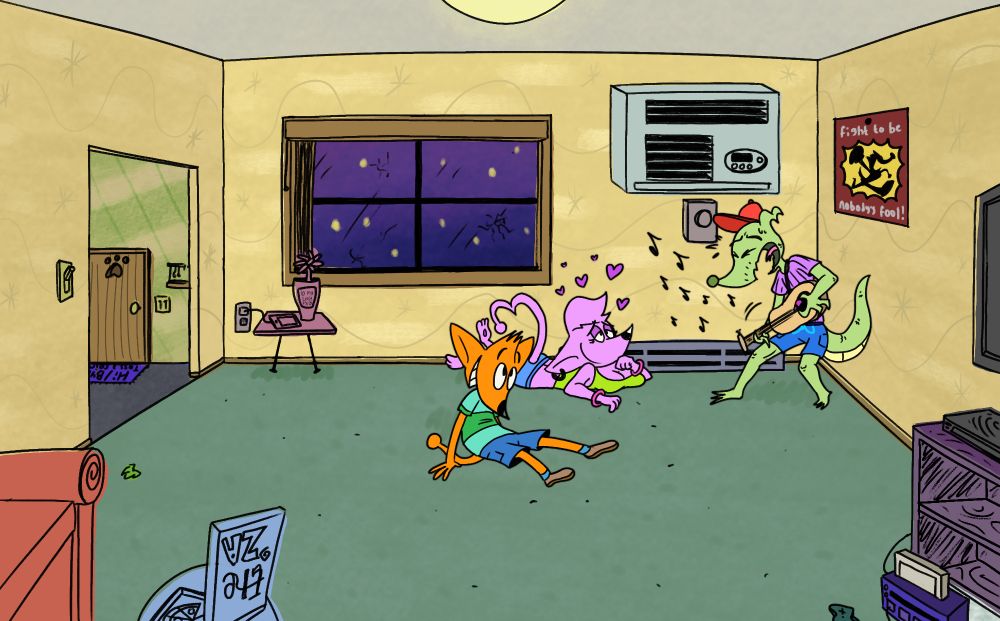 Nighttime. Vinn serenades his superpowered sweetheart with a heartfelt ballad. Clyde doesn't hear the words, just the pretty music.