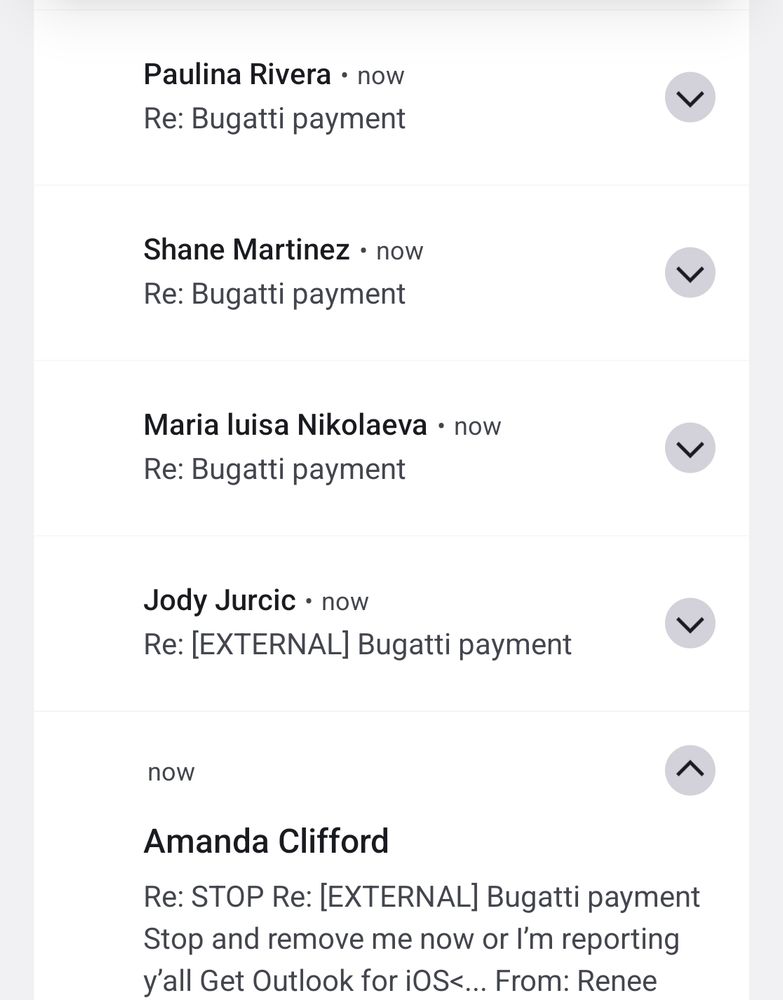 A list of e-mails proportedly attatched to a Bugatti payment. All different respondees. All being silly.