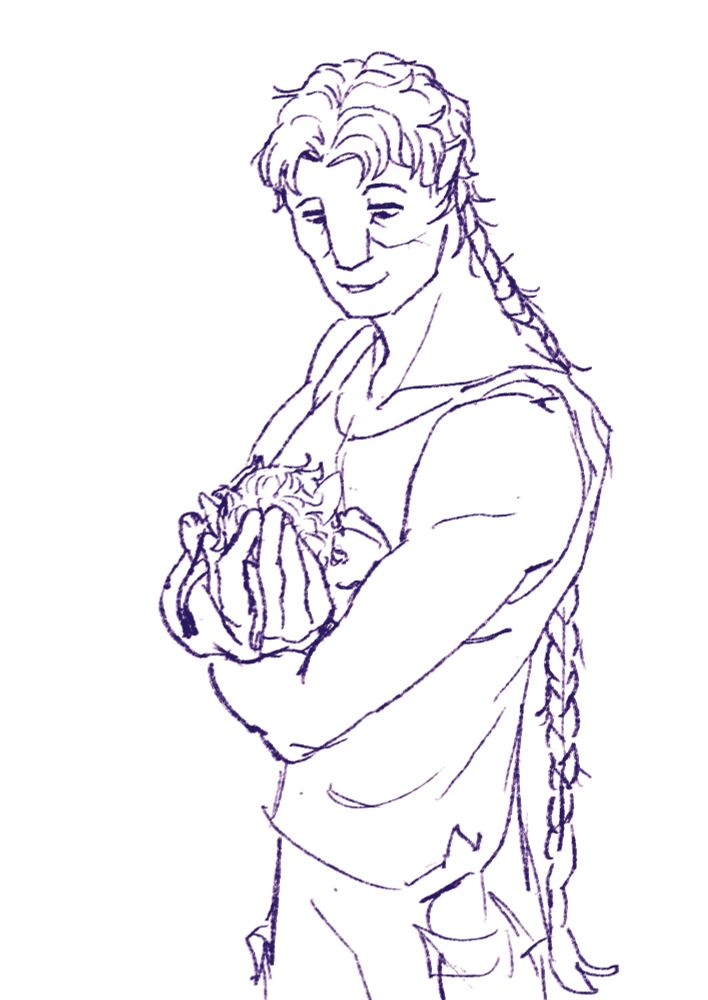 A colorless sketch of recom Quaritch from my AU where they defect and have a daughter. Ellie is about a year old in this drawing, cradled in Miles' arms as he tilts her fuzzy little cantaloupe head up to look at him—small enough to fit in the palm of his hand. Though her back is to the viewer, her ears and attention are fully trained on her birthfather. Quaritch is engrossed in her too, cooing inaudibly at her with a fond expression. At this point he looks stronger and more like himself, but with the slightly-disheveled tiredness of a dead anime mom. He even has the hair of one, outgrown curls just long enough now to start drooping in his face.