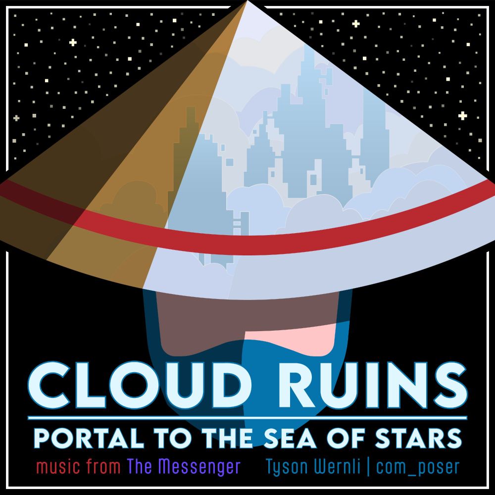 An image of a ninja's face with a straw hat. Inside the hat is a floating city of ruins in the clouds.