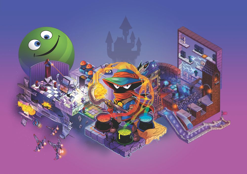 Will Overton's keyart for lumo 2. A wizard in blue casting a glowing spell while standing in front of multi coloured cauldrons. Surrounding the character are various themed zones from the game. 