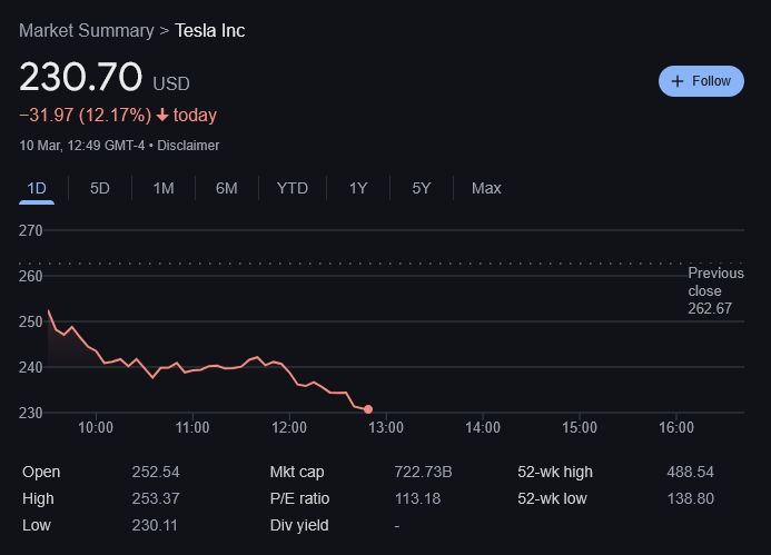 A screengrab of the stock market showing Tesla shares have dropped by over 12% today.