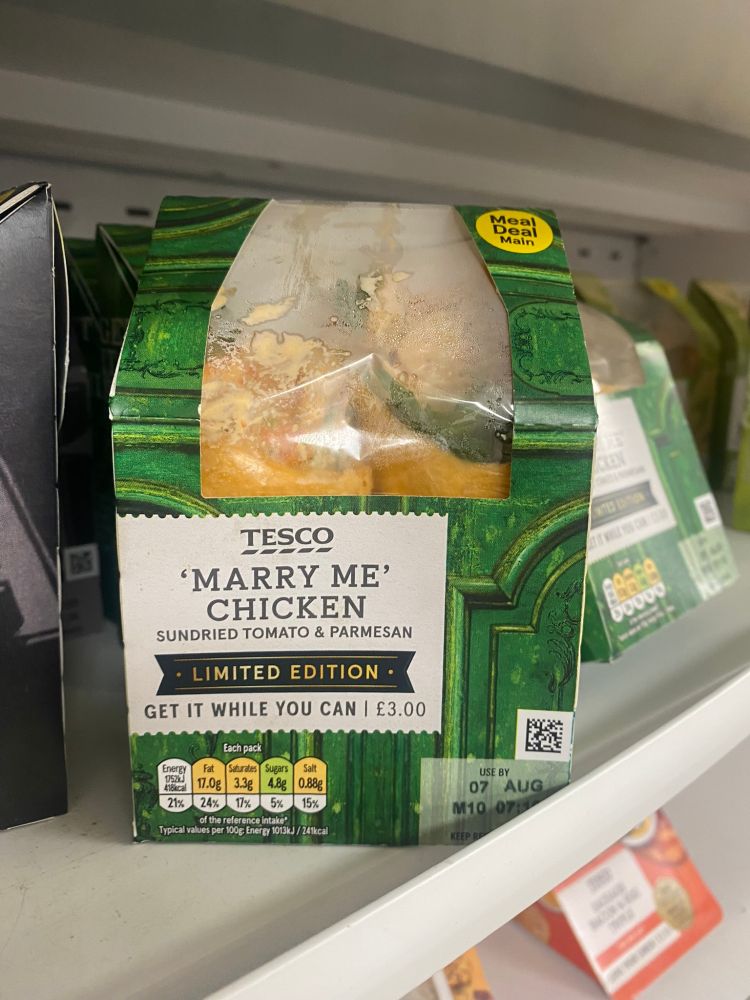 Photo of a meal deal wrap in Tesco called "Marry me Chicken"