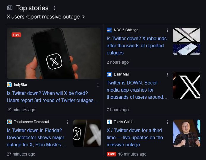 Screengrab of a search result showing multiple news sources reporting on Twitter/X being out of action.