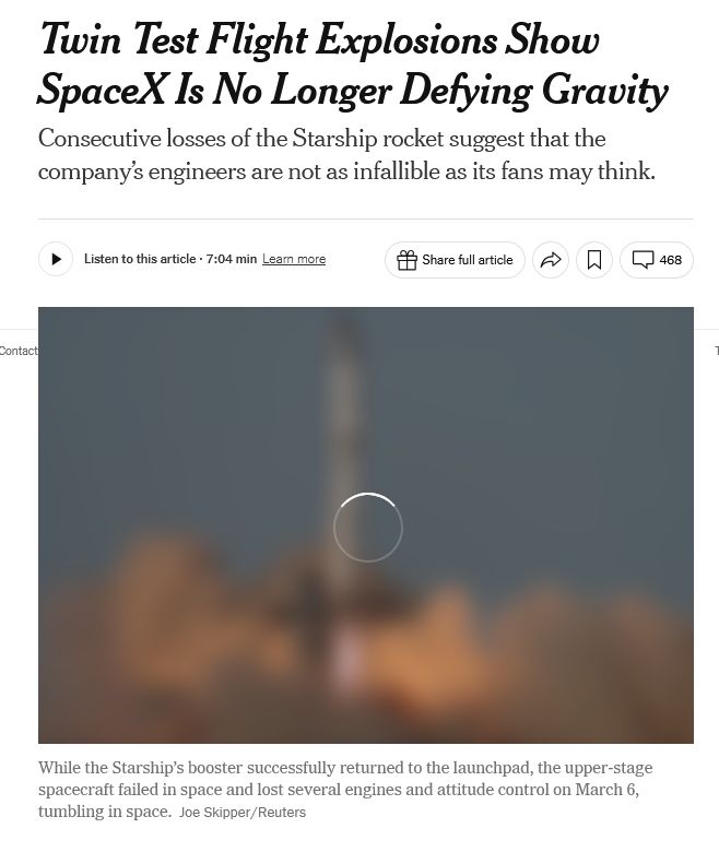 Screengrab of a New York Times headline saying "Twin Test Flight Explosions Show SpaceX Is No Longer Defying Gravity".