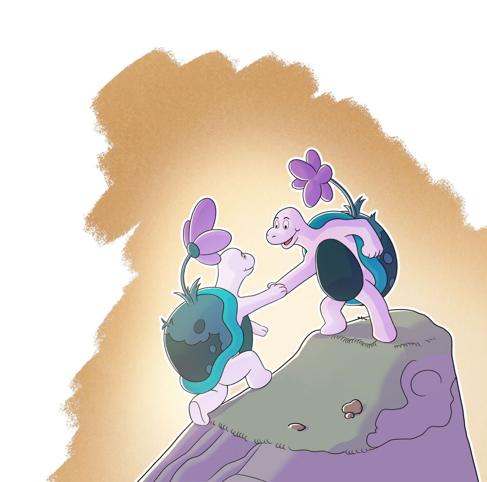 Zwei Schildkröten mit Blumen auf dem Panzer erklettern eine Bergspitze. Die eine Schildkröte weiter oben reicht der anderen Schildkröte helfend die Hand.