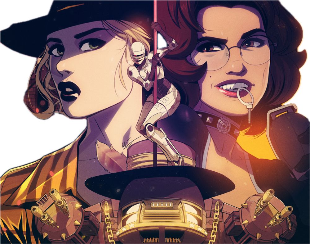 A golden ED-209 with purple hat and a pole on it that a sexy Robocop like cyborg is dancing on. Gina Gershwin pulls the pin on a grenade as Clarice Boddicker. Elizabeth Berkeley as Nomi will be come SHOWBOCOP