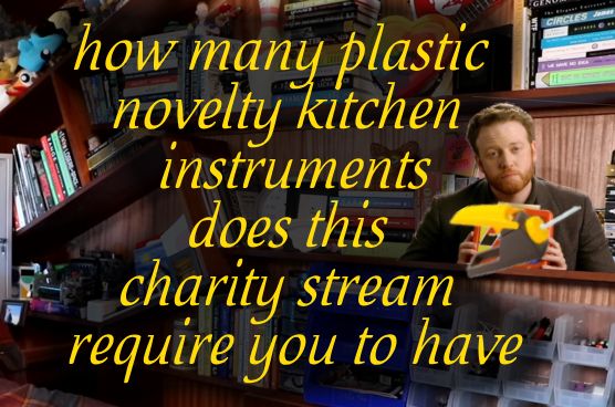 a brennan lee mulligan quote saying "how many plastic novelty kitchen instruments does this charity stream require you to have" with a picture of him holding a banana loca