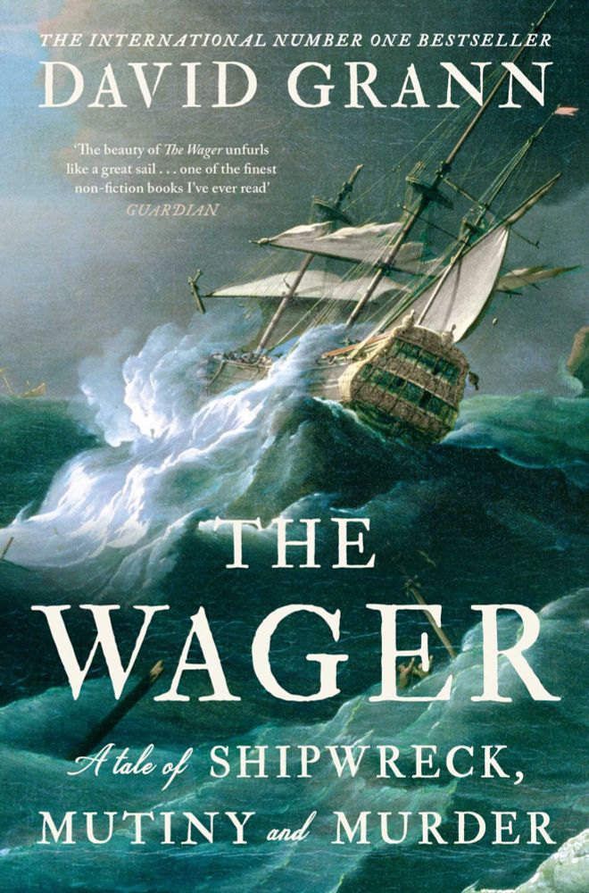 A photo of the book, The Wager, showing a galleon in rough seas and waves. 