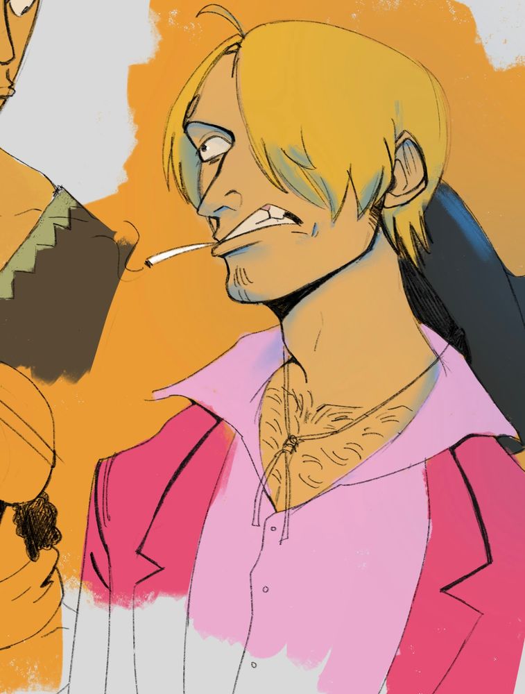 Sanji is placed somewhere in an orange background, angrily staring up at somebody, possibly Zoro. He’s grimacing, grinding a cigarette in his mouth. He’s in a pink button up with the collars popped, and a pink coat. He has a hat resting on his back that’s connected to the drawstring on his neck.