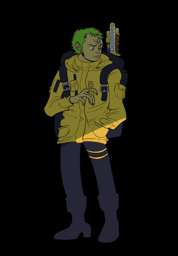Zoro stands in the middle of a blank background staring at something, away from the viewer. His left hand is slightly outstretched in front of him. He’s wearing a heavy yellow jacket that extended past his waste. A black backpack is strapped on both of his arms with all three of swords sticking out on the right side. His black pants have two stripes on the right leg. There’s a heavy shadow that lays across most of his body besides his legs.