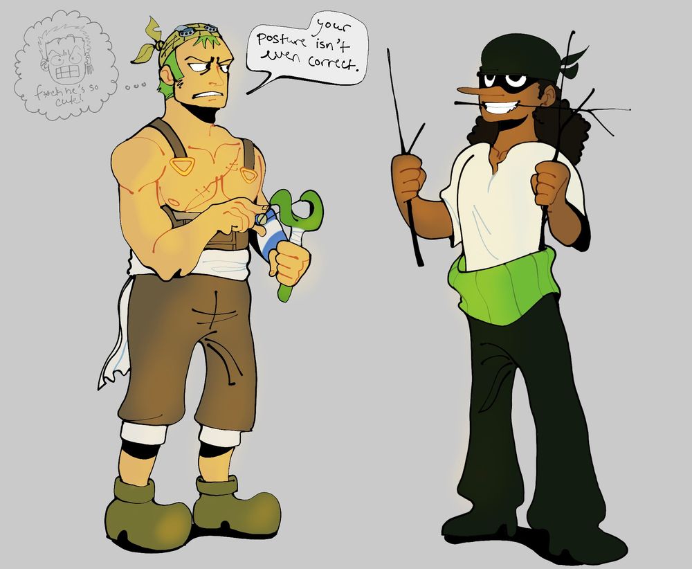 Zoro and Usopp stand in the middle of a gray background. Zoro is in Usopp’s outfit, loosely holding Usopp’s slingshot. Usopp is in Zoro’s outfit, Zoro’s black bandana over his head and he is holding three sticks with one being in his mouth. Zoro looks unenthusiastic as he says, “your posture isn’t even correct.”