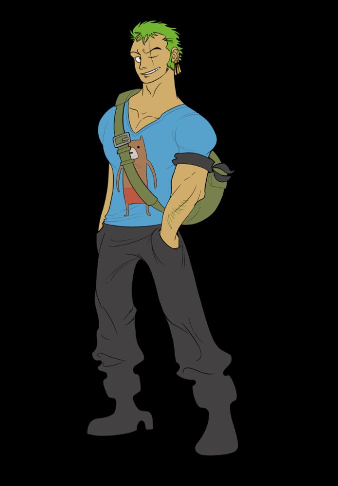 Zoro stands in the middle of a blank background. He’s wearing a blue shirt with a bear in red underwear on it, the bear being partially obscured by the strap of his backpack. He has both hands hidden in his pants’ pockets. There’s a slight smirk on his face as he stares at something off view.