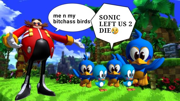 Eggman stands in Green Hill Zone, gesturing to five Flickies as he proudly announces; "me n my bitchass birds." The Flickies stare at the camera teary-eyed, exclaiming "SONIC LEFT US 2 DIE" in unison