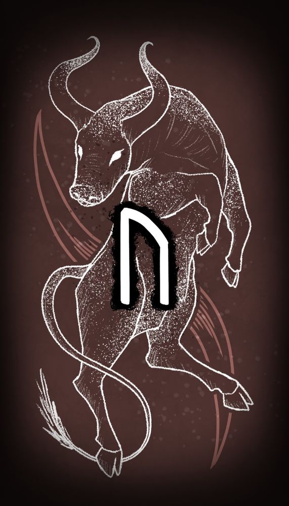 Uruz, depicts a burgundy background with an auroch wearing sharp accentuated horns in a strong and elegant pose