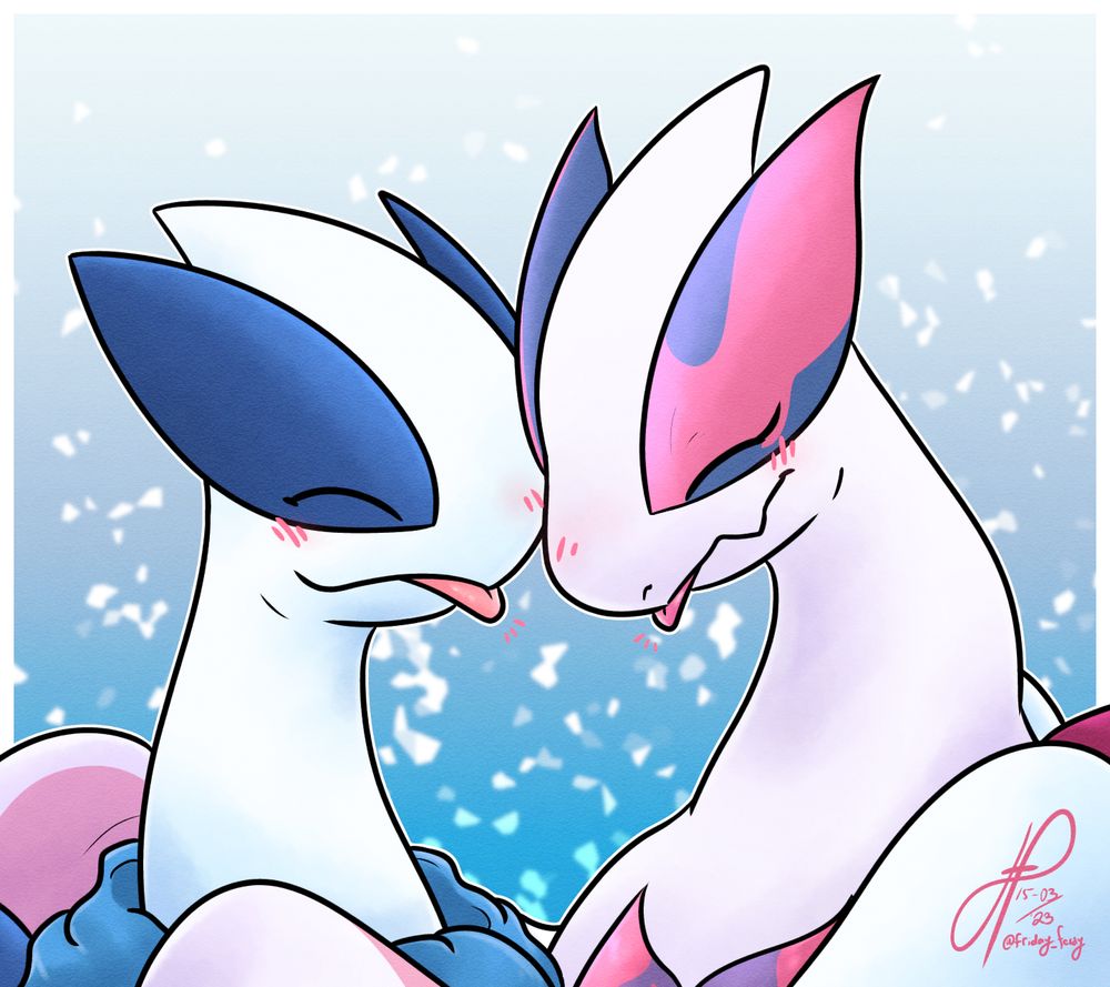 A Lugia OC bumping beaks with a Lugia/Salazzle fusion OC.