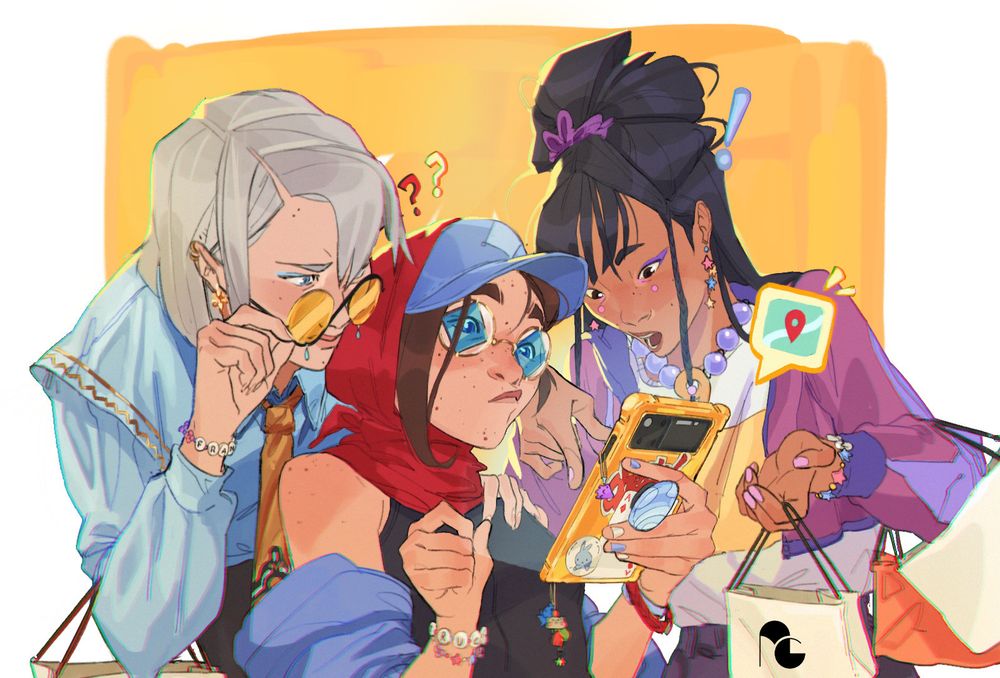 Illustration of Franziska von karma, Trucy Wright and Maya Fey from the Ace Attorney games. They're all fashionably dressed, with novelty sunglasses, and bent over Trucy's phone while looking for directions. Franziska and Maya are holding shopping bags, while Trucy is holding a phone adorned with lots of stickers and trinkets.