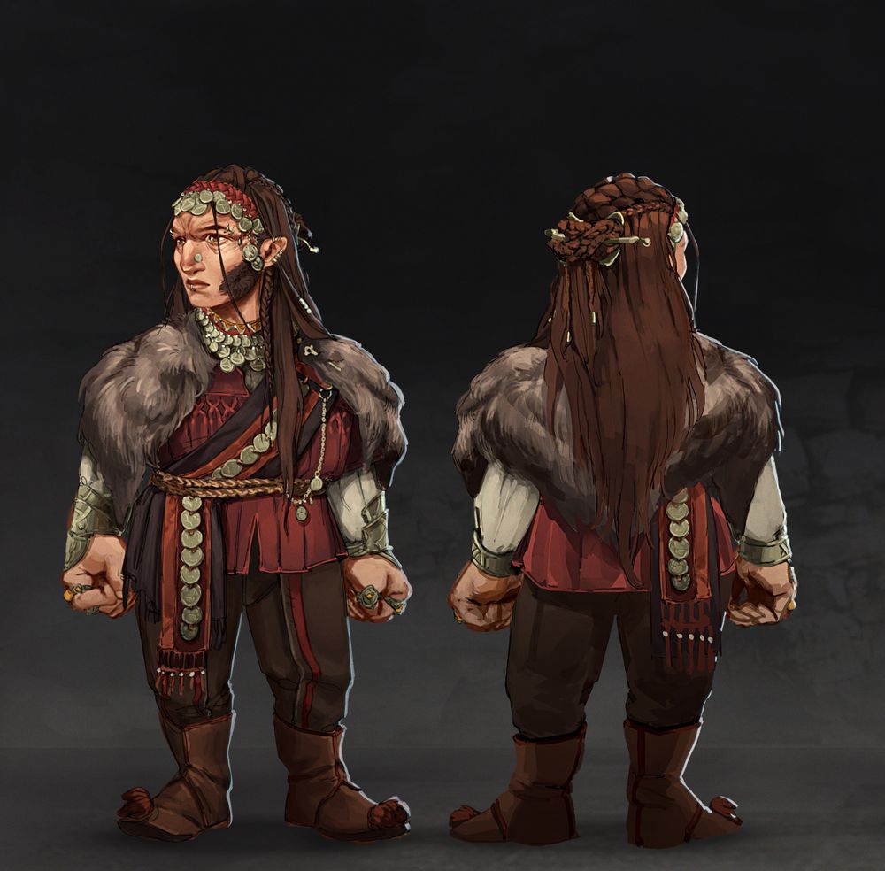 Front and back view of a Dwarf. She has long brown hair with a complicated braided updo, half up half down, and a braided beard. She has a headband with lots of golden coins hanging off of it. Her clothes consist of a red tunic and brown pants, with leather boots that have a red pom-pom at the toes. She wears a sash embellished with more coins, a fur shawl, and golden bracers and rings.