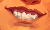 drawing of a toothy smile. The surrounding skin is orange, and there's a small mole on the upper lip