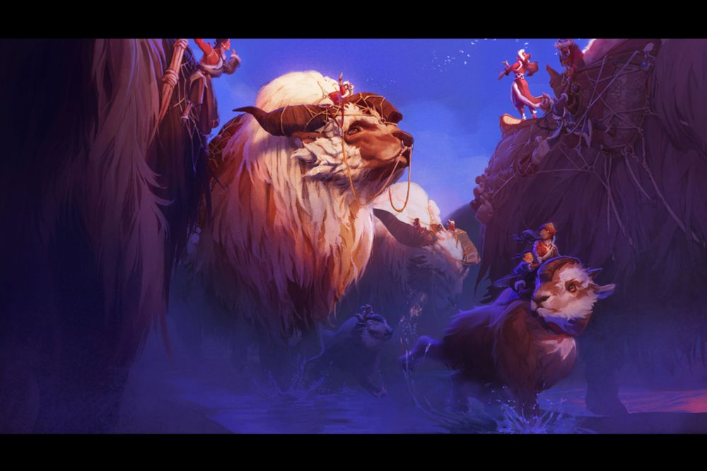 Illustration of herd of giant creatures, appearing to be a mix of sheep, bison, and cows. They're about 13 meters tall, and are seen from a low angle. Each creature has human riders on top of them wearing Mongolian inspired clothing. 

The whole image has a colorscheme of blue, purple and orange, with warm golden hour lighting.

On the left is a partly visible creature with an older lady hanging off its side, holding on to ropes. On it's right is the focal point of the image, a creature hit directly by the sun, with a woman on it who's signing at the older woman on the left. To it's right are two cubs chasing each other to the puddles, with young children sitting atop them and laughing. 
Furthest right is one last creature, also partly visible, where one woman is signing at the other two while two people are hanging off the side from ropes and grabbing supplies from hanging crates. In the background is another creature that has three chatting teenagers on top of it.