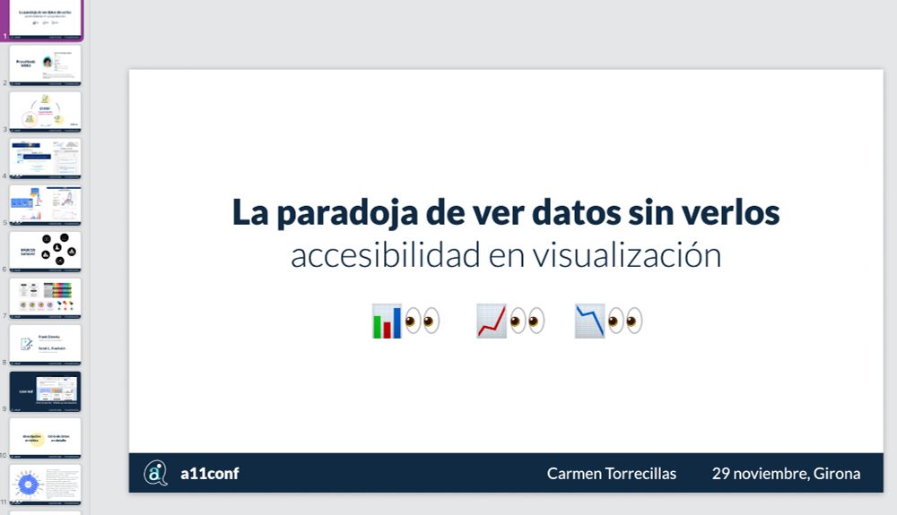 Pantallazo de la presentación que daré mañana, con el título "La paradoja de ver datos sin verlos. Accesibilidad en visualización" en la a11Conf de Girona