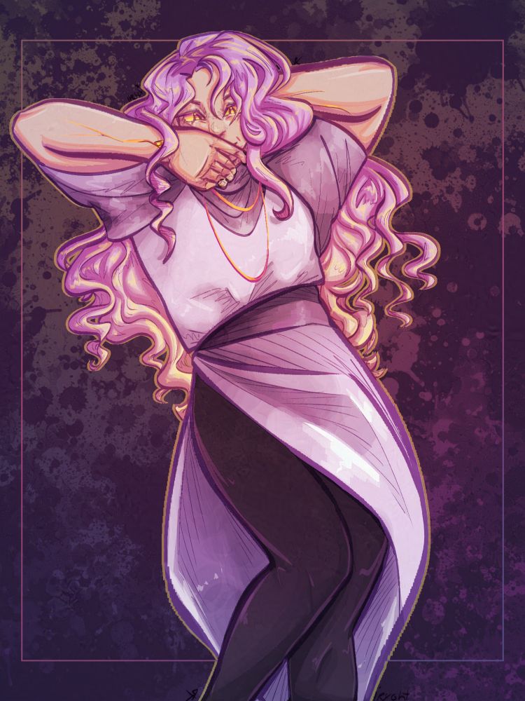 Against a dark background, stands a white woman with golden eyes and pink hair that fades into yellow. She is dressed in soft white, draping fabrics and dark pants. Her left leg is slightly folded, her left arm coming up for her hand to cover her mouth while the right one goes behind her head. She has a sardonic, mocking expression, even with her mouth covered.