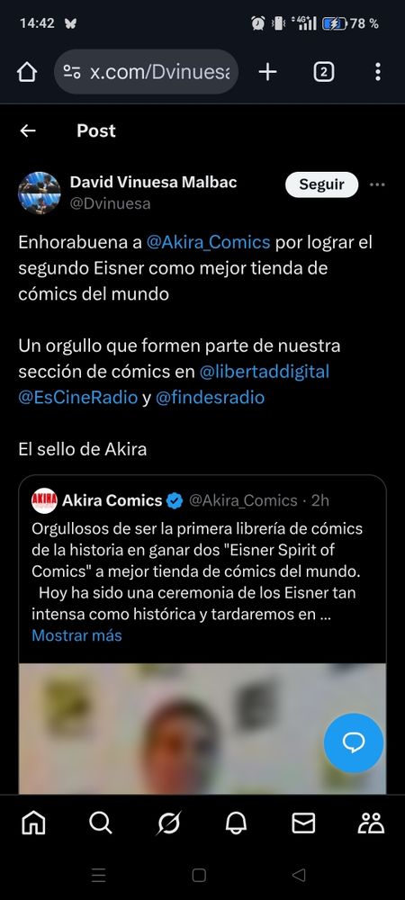 Tuit de David Vinuesa (periodista en esRadio y Libertad Digital)

Enhorabuena a 
@Akira_Comics
 por lograr el segundo Eisner como mejor tienda de cómics del mundo

Un orgullo que formen parte de nuestra sección de cómics en 
@libertaddigital @EsCineRadio y @findesradio


El sello de Akira
