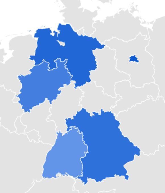 Screenshot of Google Trends, showing with German states didn't search for “bluesky invite” (mostly in the East)