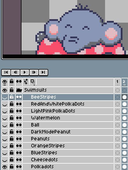 Aseprite screenshot with Elfie in frame waving.
There's folder in the frame view named "Swimsuits" and then a list of words to describe each of them.