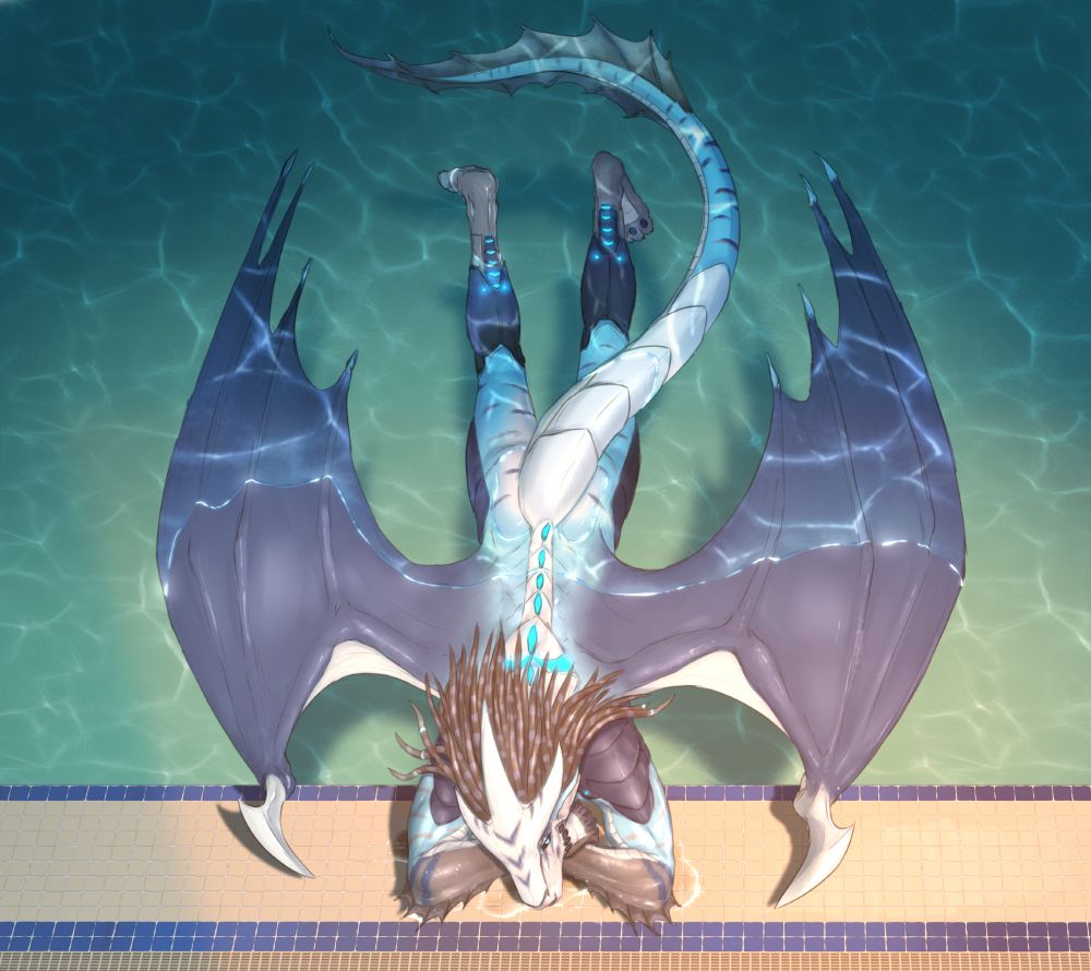 Saybin, a anthro blue Aerusan dragon rests his head on the edge of a pool deck after a hard workout and swim. The anthro dragons body floats loosely in the water as he rests his head on his arms, fatigue fisiable as the light shines through from a window.

He is loose and spread out, muscles relaxed and post-fatigue hitting hard!