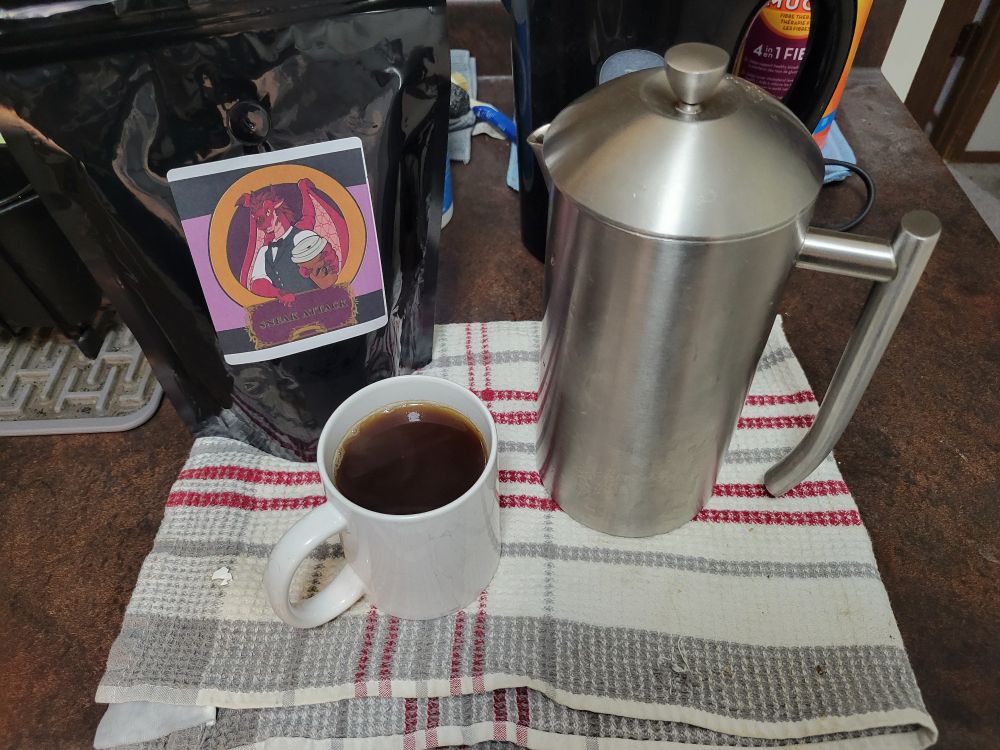Some coffee prepared via French press, provided and sold by Entropic Elixirs! 