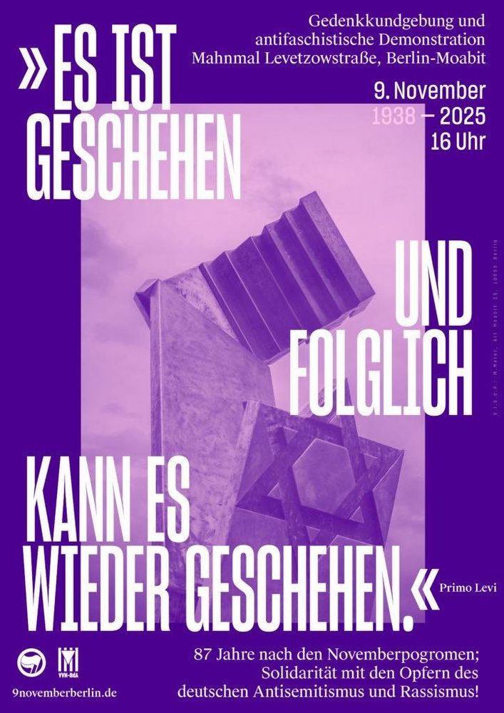 Gedenkkundgebung und Demoaufruf 09.11.2025 16:00 Mahnmal Levetzowstrasse 