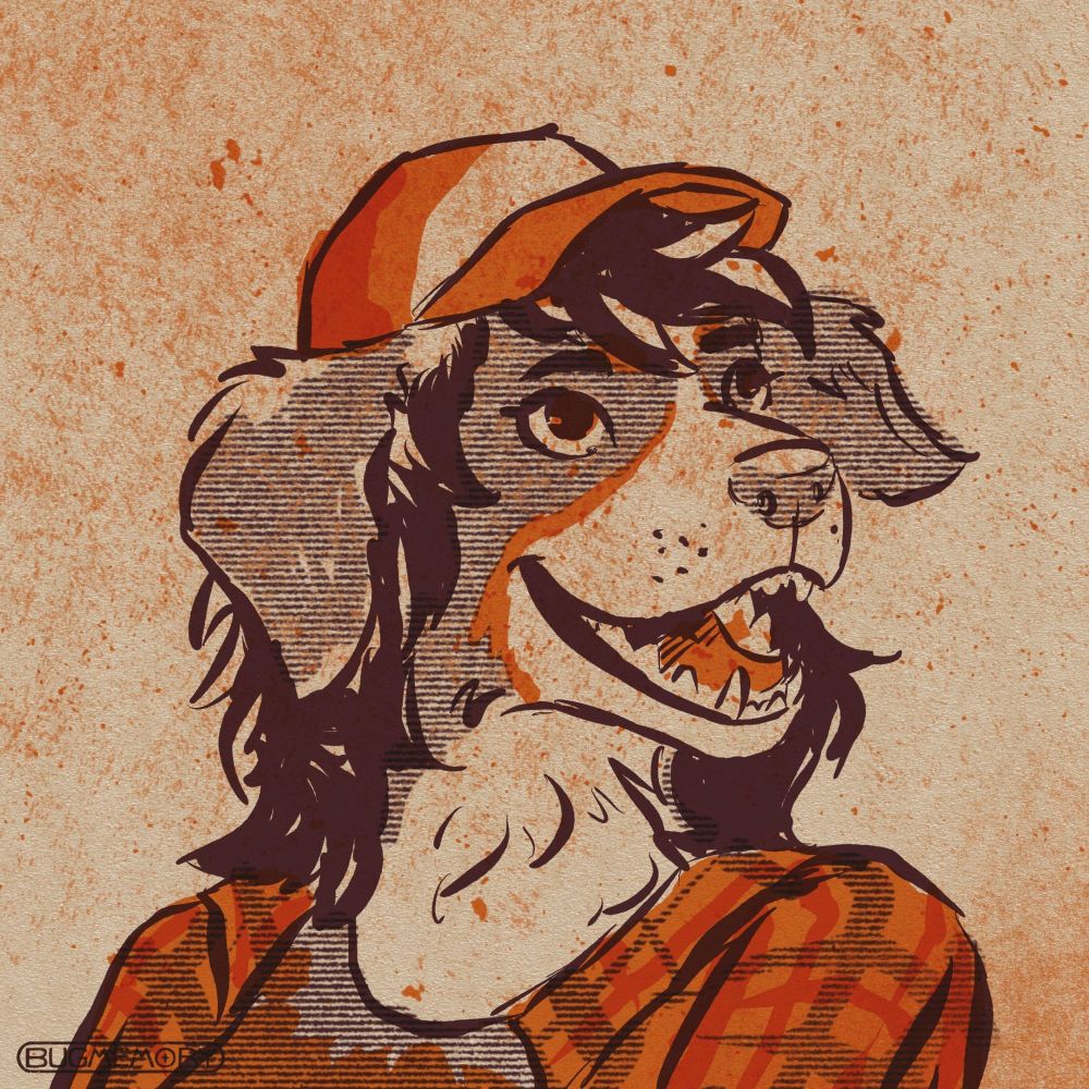 An anthropomorphic bernese mountain dog named Double, wearing a orange/brown/red flannel with a similarly-colored baseball cap, with a happy expression on their face and long dark hair.