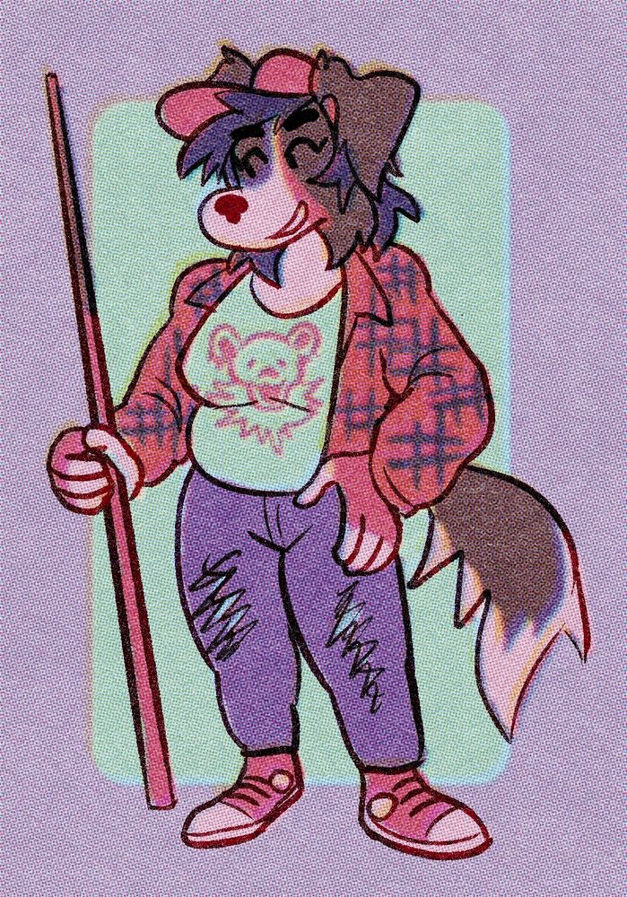 Art by @dogpoison.industries. Features Double standing with a pool stick in their hand, smiling while wearing a red flannel shirt over a greenish shirt sporting a Grateful Dead "dancing bear" logo, ripped blue jeans, and red sneakers. Also a red hat sits upon their head, as they stand in front of a green and blue background.