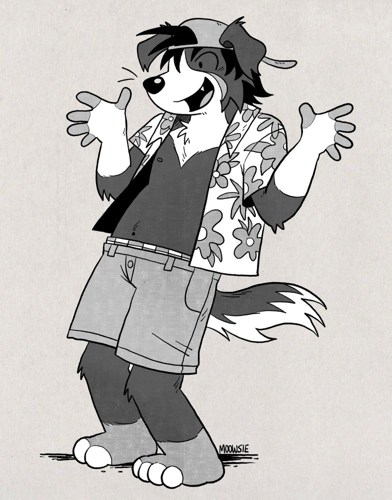 It's Double! An anthropomorphic Bernese mountain dog wearing a backwards baseball hat, an open Hawaiian shirt and shorts, with just a little bit of undies showing. Their mouth is open and shouting about something with excitement, as their hands are up in a "jazz hands" position. This image is in grayscale.