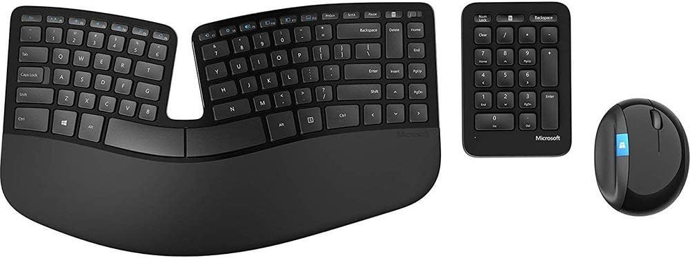 A photo of a black Microsoft Sculpt Ergonomic Wireless Desktop Keyboard and Mouse