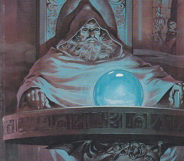 illustration showing a blue orb being pondered by a hooded wizard