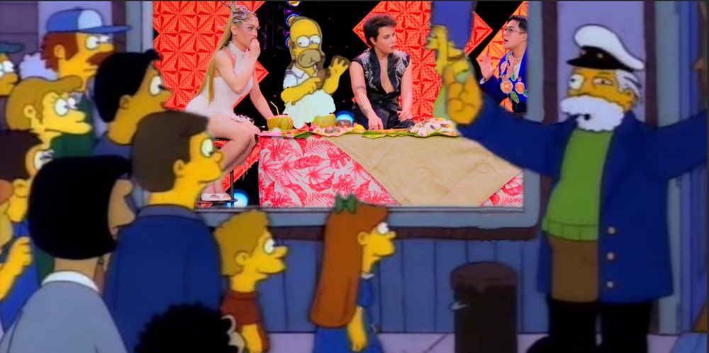 the sea captain from The Simpsons shares his story with a crowd of people gawking into his seafood restaurant. through the window, we see Homer and Marge joining Mama Pao, Jervi "KaladKaren" Wrightson, and Arizona Brandy from Drag Race Philippines. they eat at the boodle fight, a tradition in the philippines where food is laid out in a banquet style on top of banana leaves