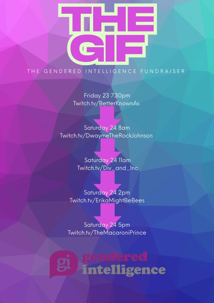 THE GIF. THE GENDERED INTELLIGENCE FUNDRAISER. A TWITCH RAIDATHON FOR A TRANS POSITIVE ORGANISATION IN THE UK