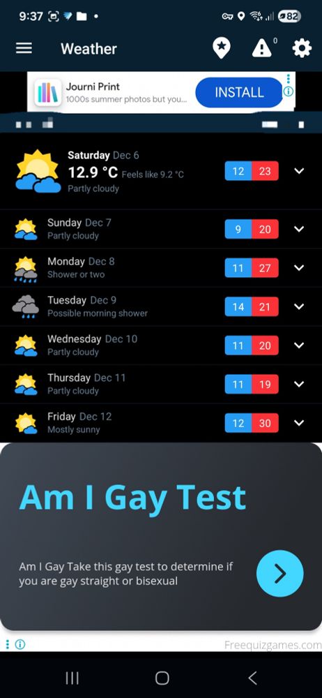 IMAGE of a captured moment from the Willy Weather app. All the usual stuff; a list of the local weather that will be mostly cloudy for the week. below is a giant fucken ad that's just in text. huge words that's a third of the phone that reads  "AM I GAY TEST. Am I Gay Take this gay test to determine if you are gay straight or bi"